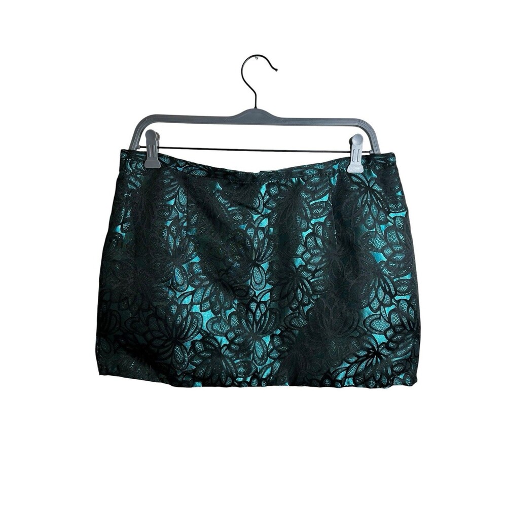 Y2K Vintage Black Teal Floral Brocade Jacquard Mini Skirt Size 10 Zip Up